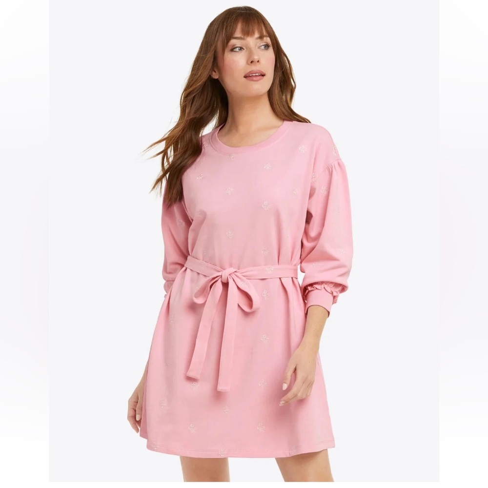 DRAPER JAMES Bobbie Sweatshirt Dress in Pink Embroidered Viola flowers belted S